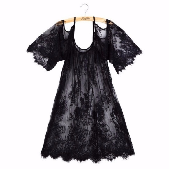 Black Lace Cold Shoulder Chemise Dress Cover Up - Picture 6 of 7